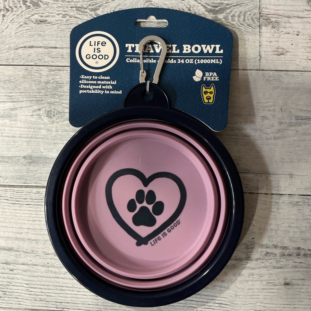 Life is Good Purple Paw Print in Heart Collapsible Travel Pet Bowl - 34 oz.